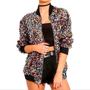Cresay Multicolor & Silver Sequin Ribbed Trim Zip Front Bomber Jacket NWT